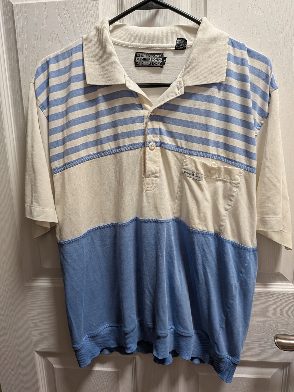 VINTAGE Members Only Cream and Light Blue Striped Polo Size M